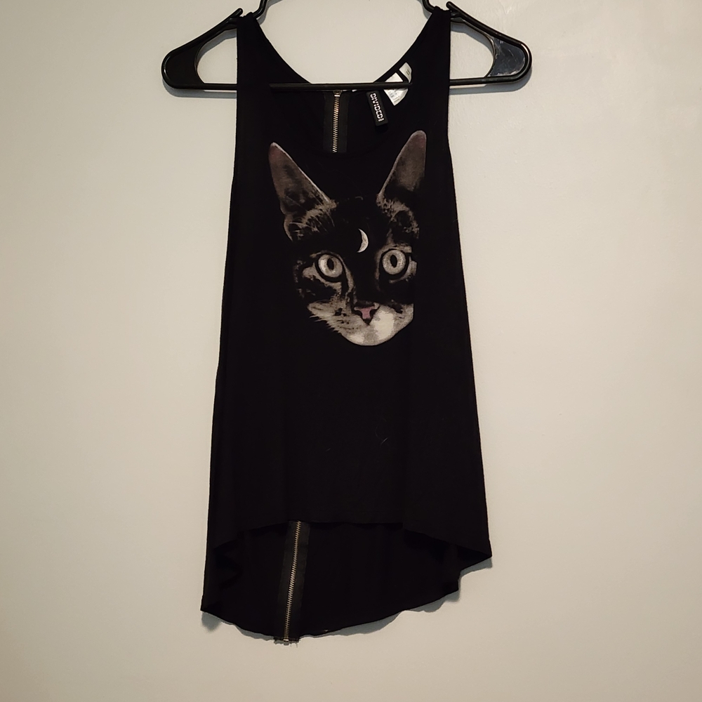 Divided Black Tank Top with Cat Graphic